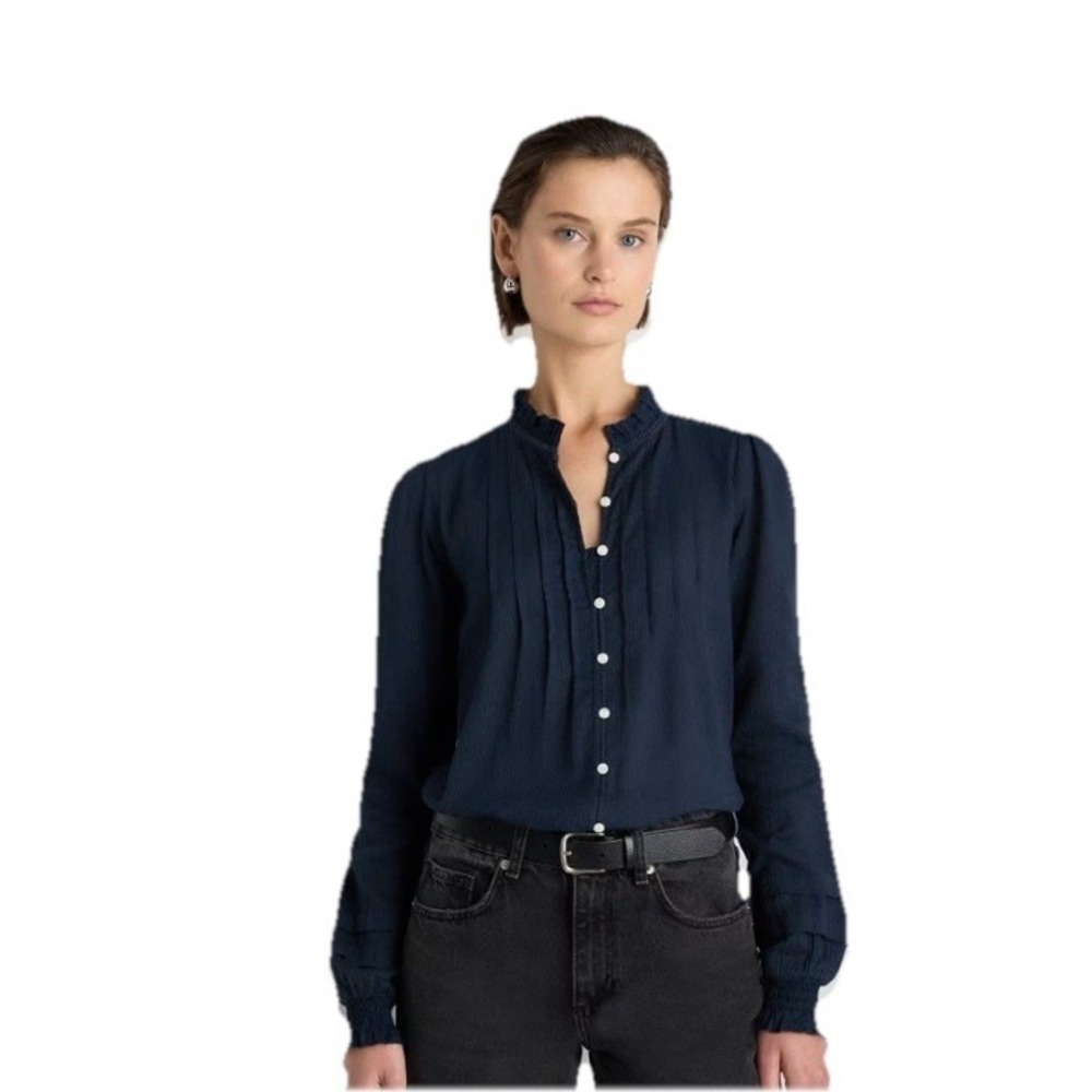 Quince Organic Textured Cotton Peasant Blouse Navy Long Slv Shirt Small Ruffles
